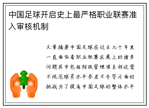中国足球开启史上最严格职业联赛准入审核机制 中国足球开启史上最严格职业联赛准入审核机制